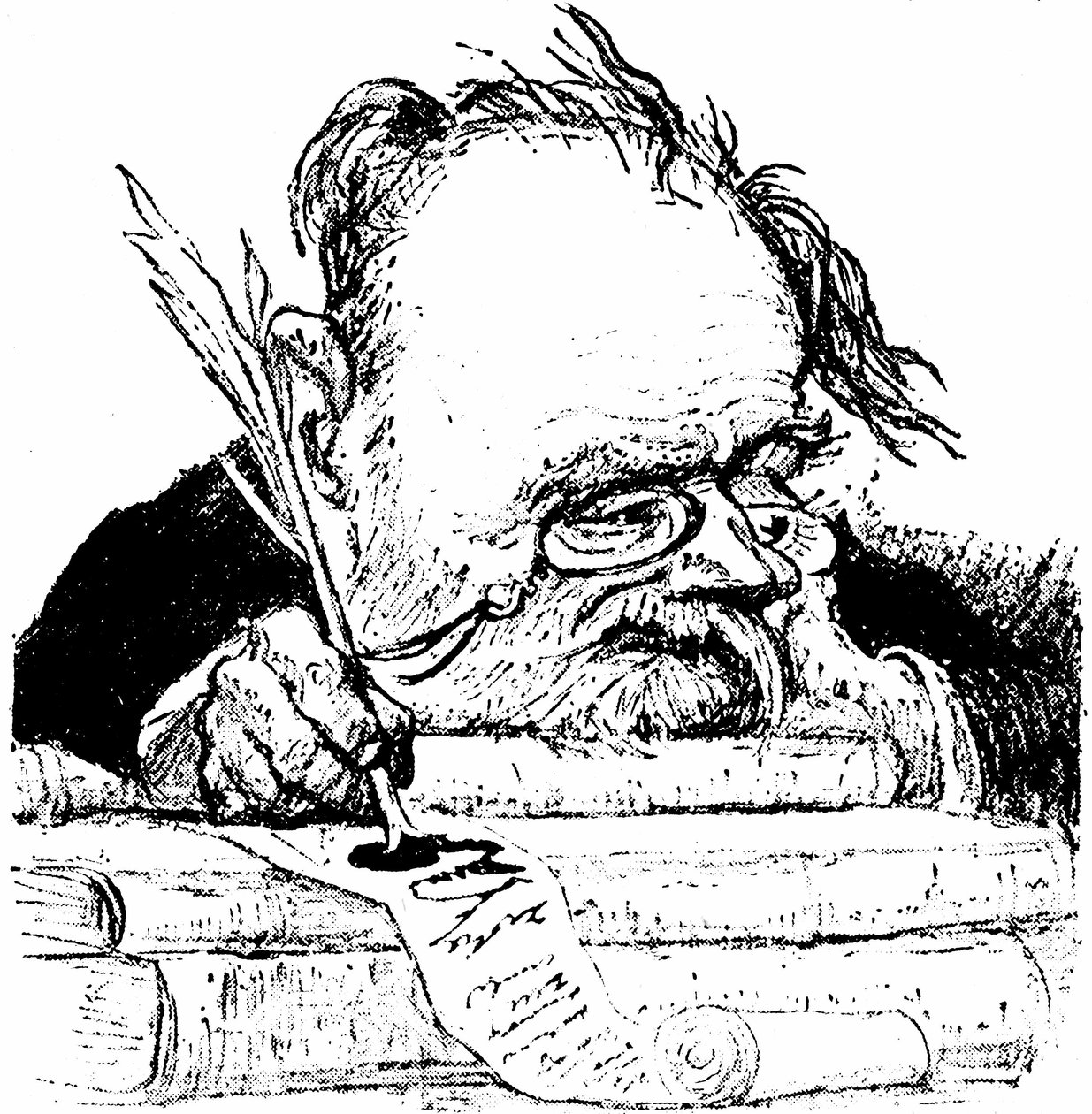 Retrato de Emile Zola escribiendo, imagen en Le Rire de Charles Leandre