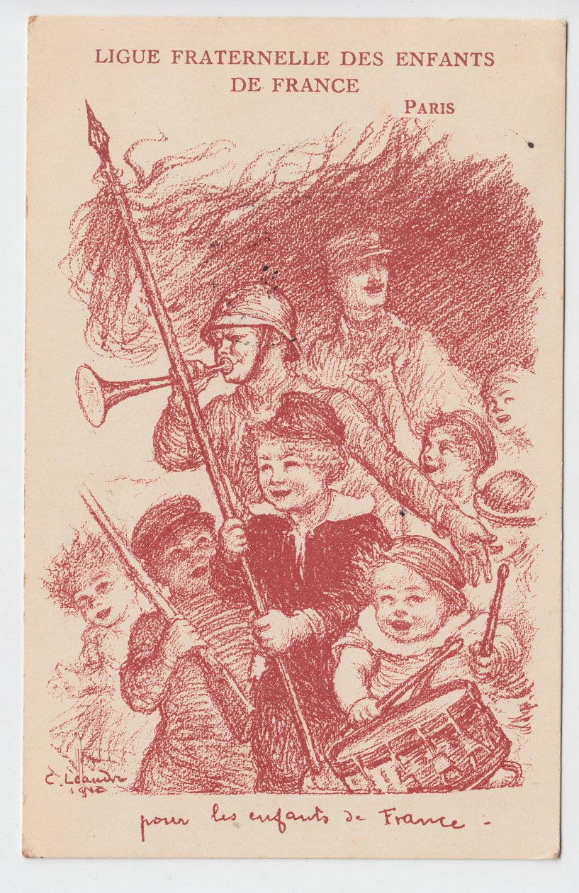 Postal, Satírico en Colores: Liga fraternal de los niños de Francia - Guerra del 14-18, Infancia, Jornadas patrióticas Ilustración de Charles Leandre (1862-1934) de Charles Leandre