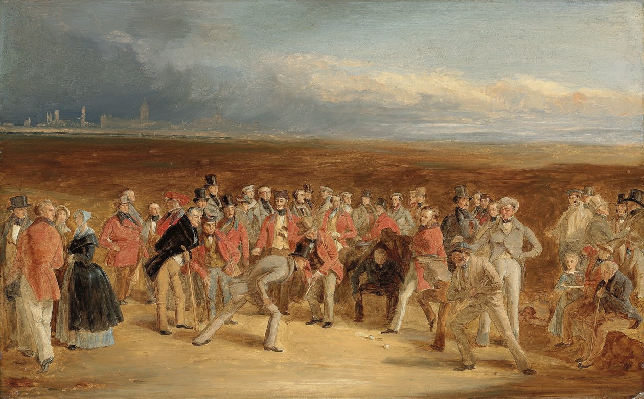 El boceto terminado para Los Golfistas: Un Gran Partido jugado en los Links de St. Andrews por Sir David Baird, Bt. y Sir Ralph Anstruther, Bt. de Balcaskie, contra el Mayor Playfair y John Campbell, Esq., de Glensaddell, en 1850 de Charles Lees