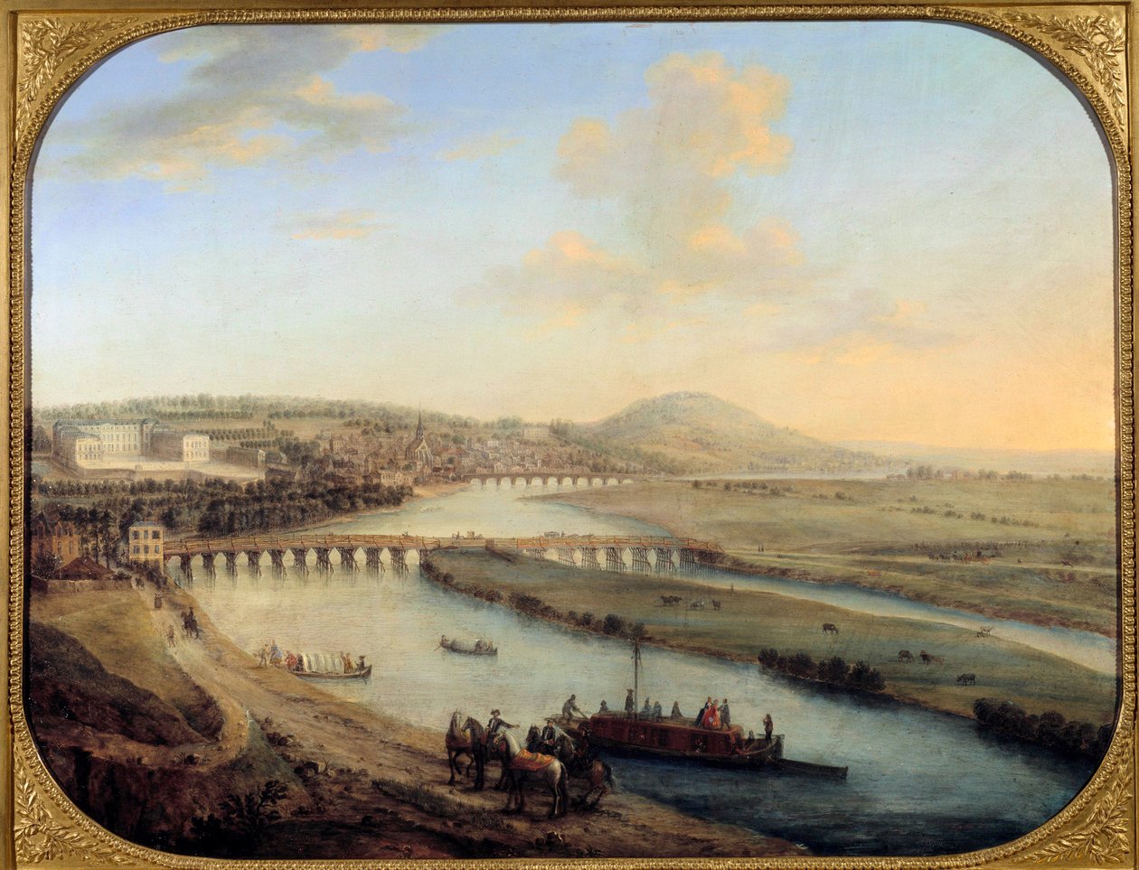 Vista de la isla Seguin, el puente de Sèvres y Saint Cloud Panorama desde el oeste de París de Charles Leopold Grevenbroeck