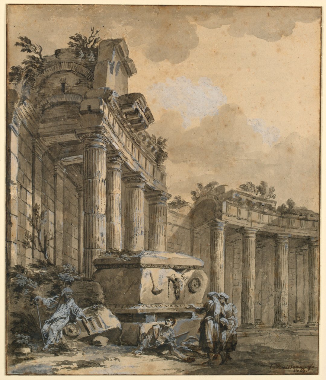 Dibujo, Figuras cerca de una columnata en ruinas, 1761 de Charles Louis Clerisseau