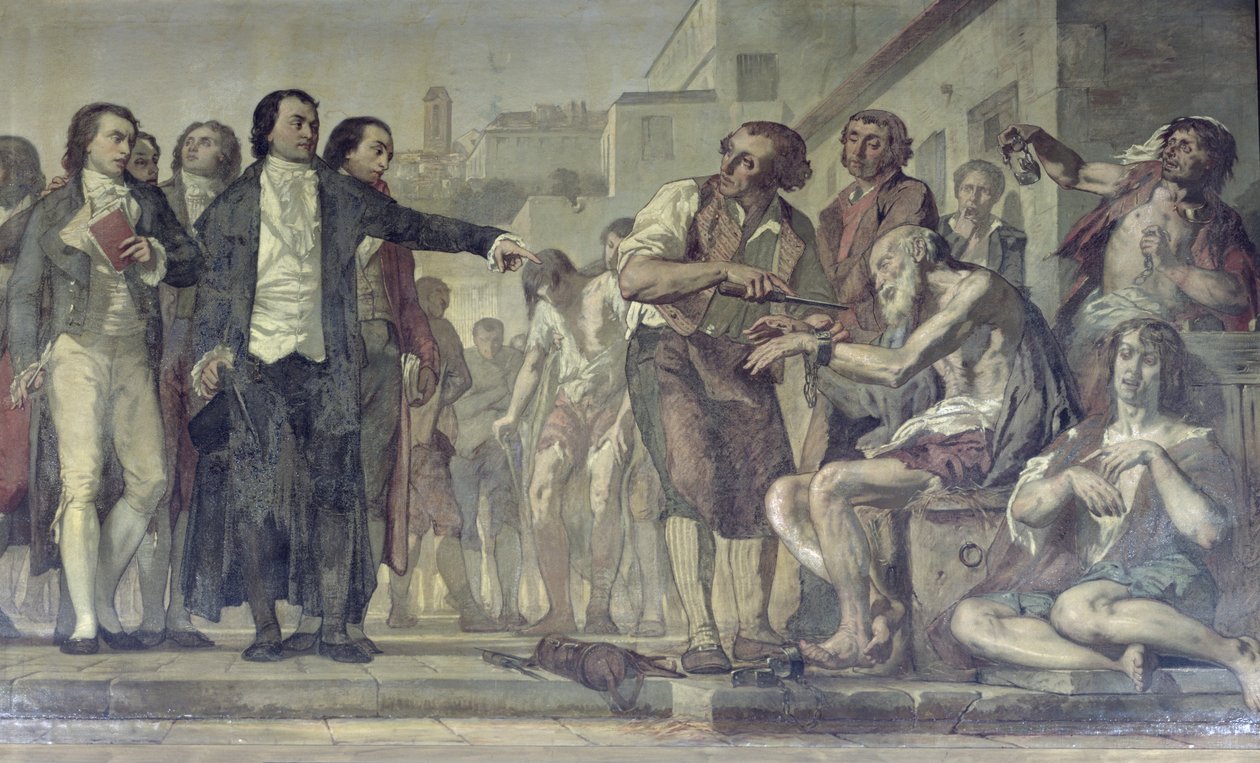 Philippe Pinel 1745-1826 liberando a los lunáticos de sus cadenas en el asilo de Bicêtre en París en 1793, c.1840-50 (detalle) de Charles Louis Lucien Muller