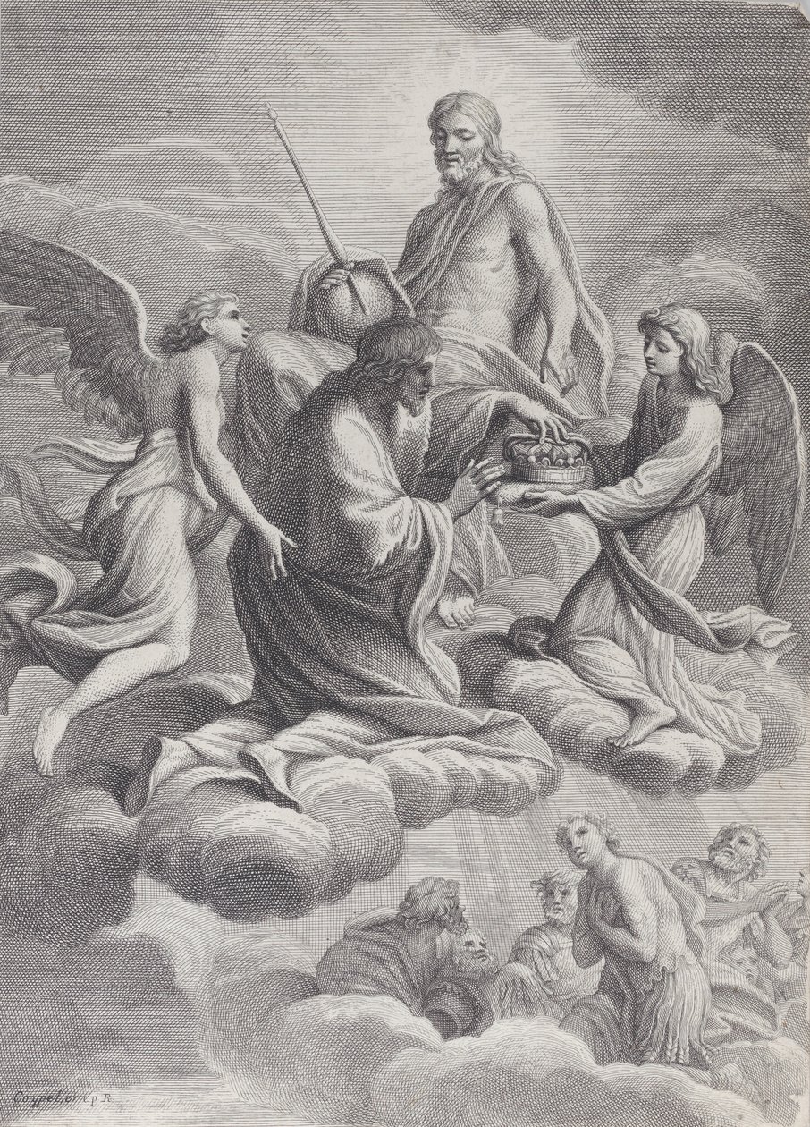 San Luis de Francia recibido en el cielo por Cristo y dos ángeles que le ofrecen la c..., 1671-80 de Charles Louis Simonneau