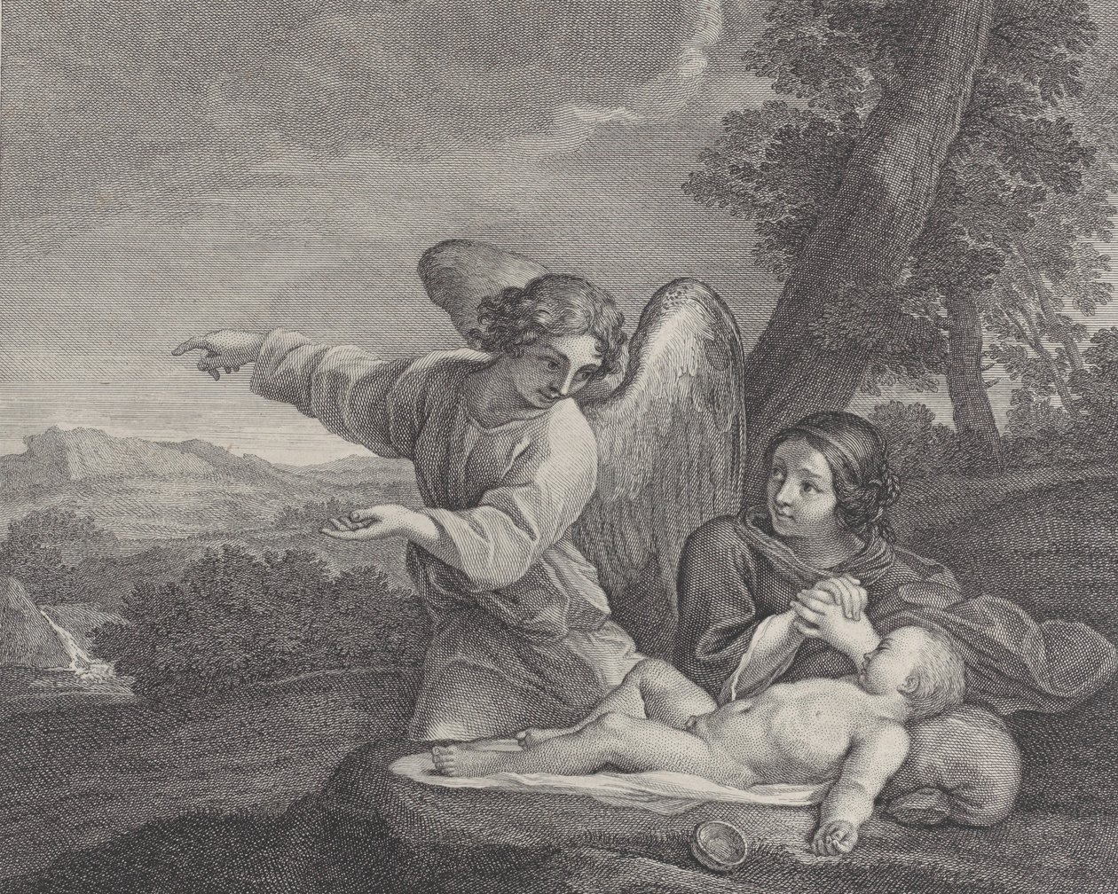 El ángel apareciendo a Agar en el desierto mientras ella junta sus manos junto al sueño de Charles Louis Simonneau