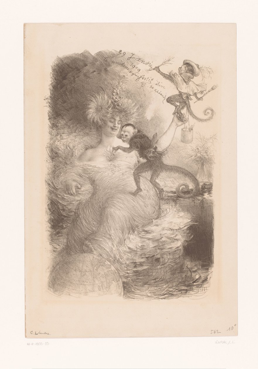 Mujer con globo terráqueo, montones de papeles y dos monos de Charles Lucien Leandre