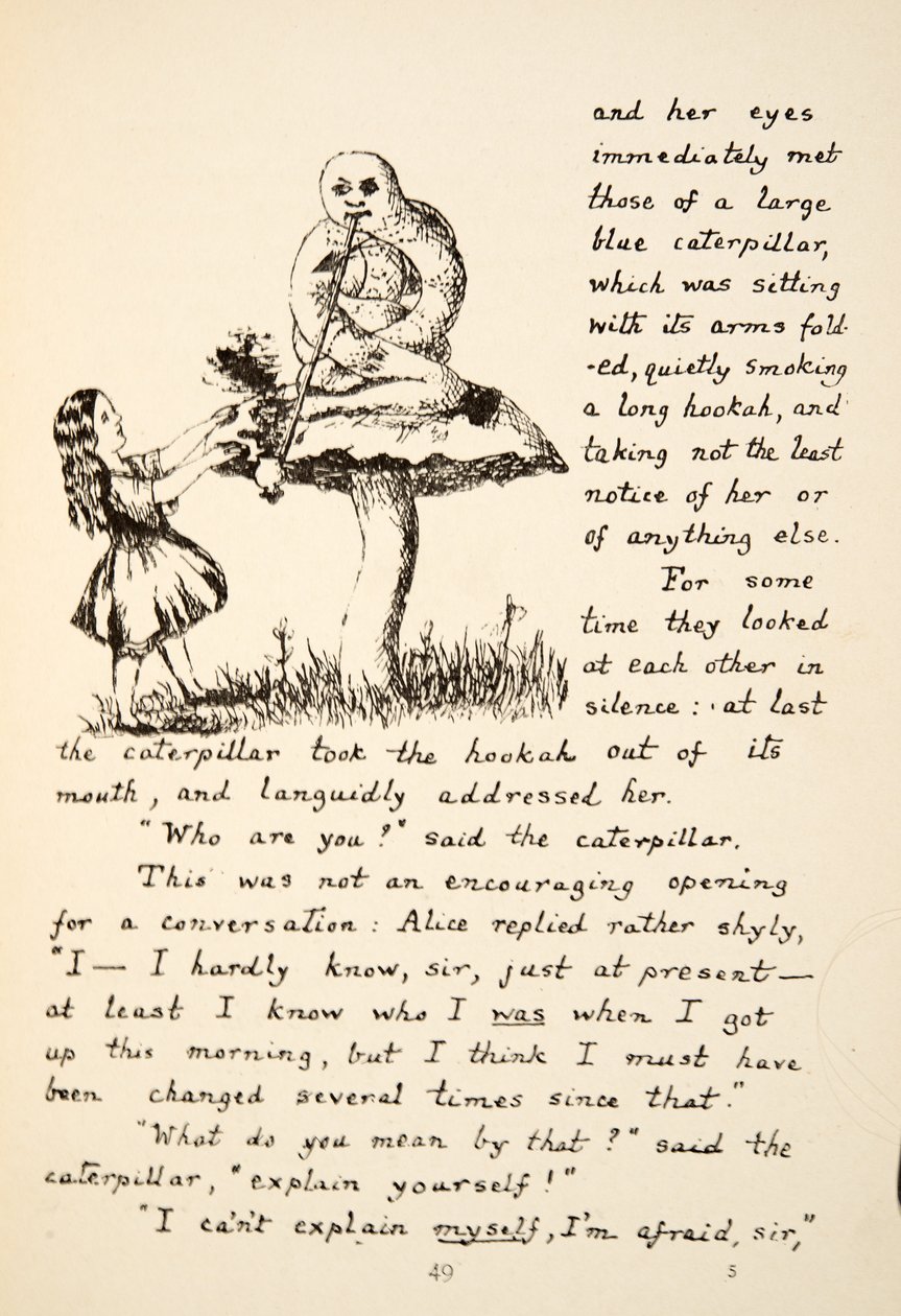 Alicia recibe consejos de la oruga azul, ilustración de Las aventuras bajo tierra de Alicia, pub. 1886 (facsímil) de Charles Lutwidge Dodgson