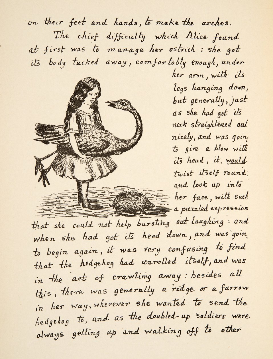 Alicia sosteniendo su avestruz, ilustración de Las aventuras bajo tierra de Alicia, pub. 1886 (facsímil) de Charles Lutwidge Dodgson