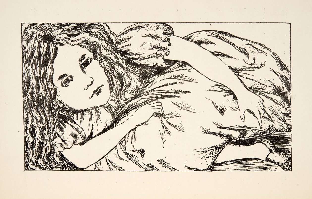 Alicia en la casa del Conejo Blanco, ilustración de Las aventuras de Alicia bajo tierra, publicado en 1886 de Charles Lutwidge Dodgson