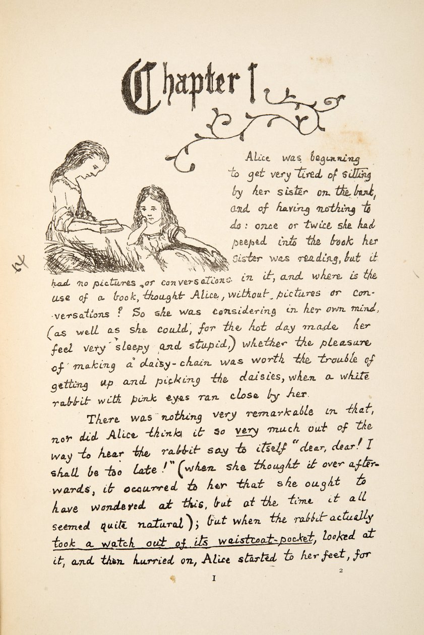 Alicia con su hermana, ilustración de Las aventuras bajo tierra de Alicia, pub. 1886 (facsímil) de Charles Lutwidge Dodgson