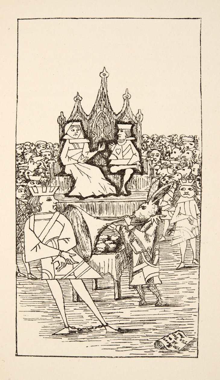 Juicio del Knave of Hearts, ilustración de Las aventuras de Alicia bajo tierra, pub. 1886 (facsímil) de Charles Lutwidge Dodgson