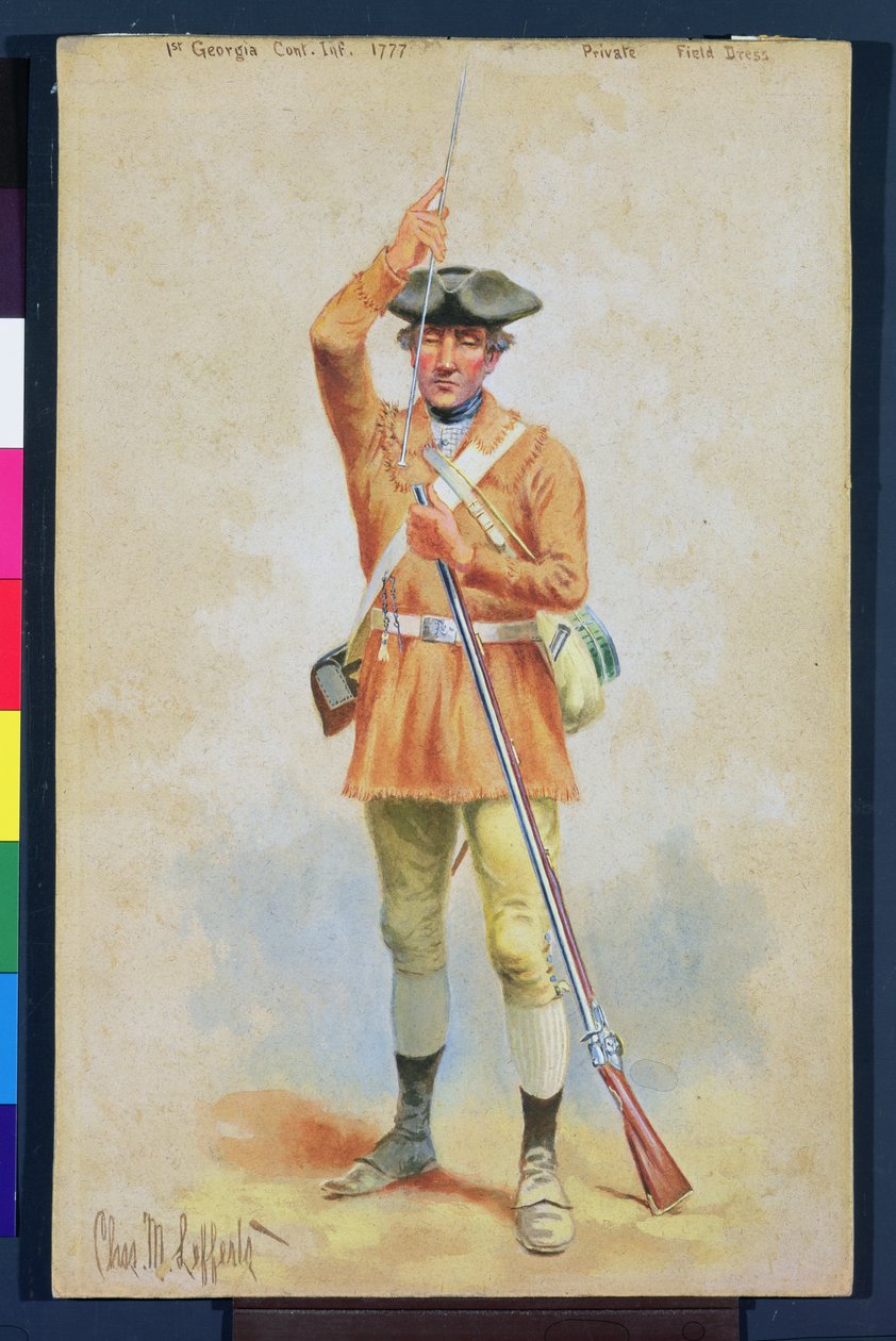 Uniformes de la Revolución Americana: 1777 Vestimenta de Campo Privada del 1er Infantería Continental de Georgia de Charles MacKubin Lefferts