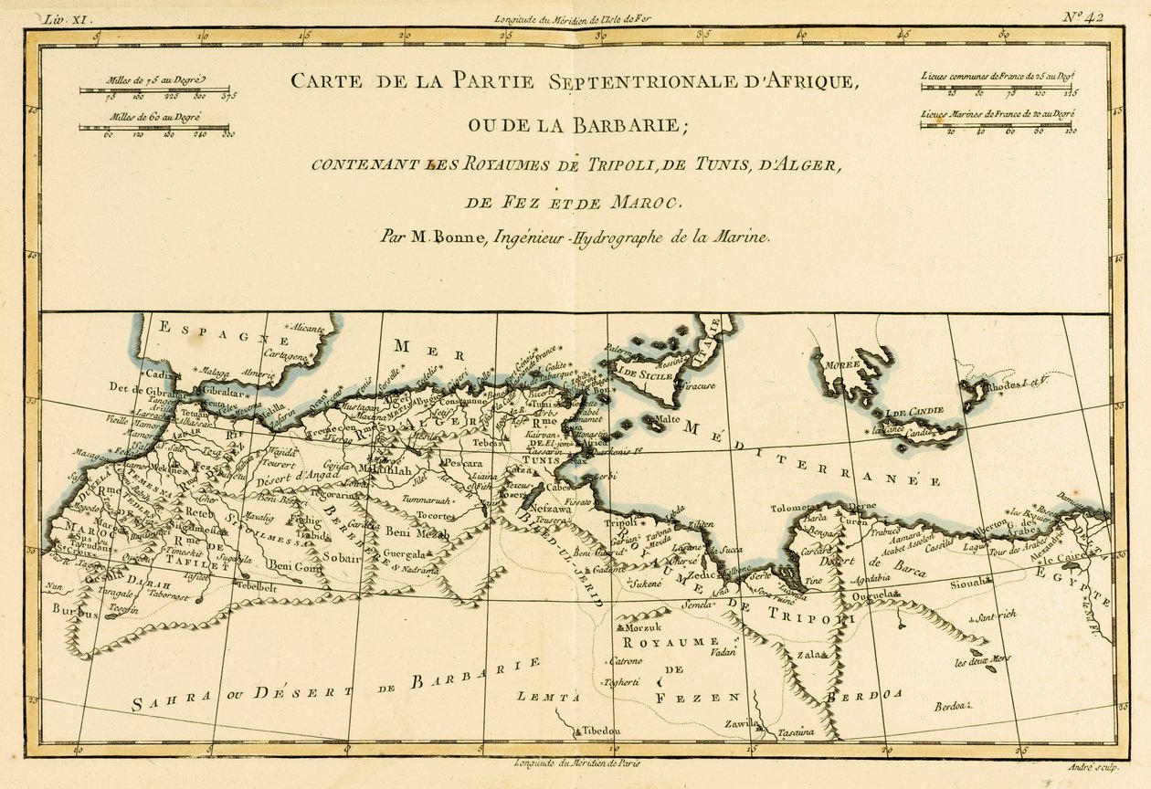 África del Norte, incluyendo los reinos de Trípoli, Túnez, Argel; Fez y Marruecos, del Atlas de Toutes les Parties Connues du Globe Terrestre por Guillaume Raynal (1713-96) publicado en Ginebra, 1780 de Charles Marie Rigobert Bonne
