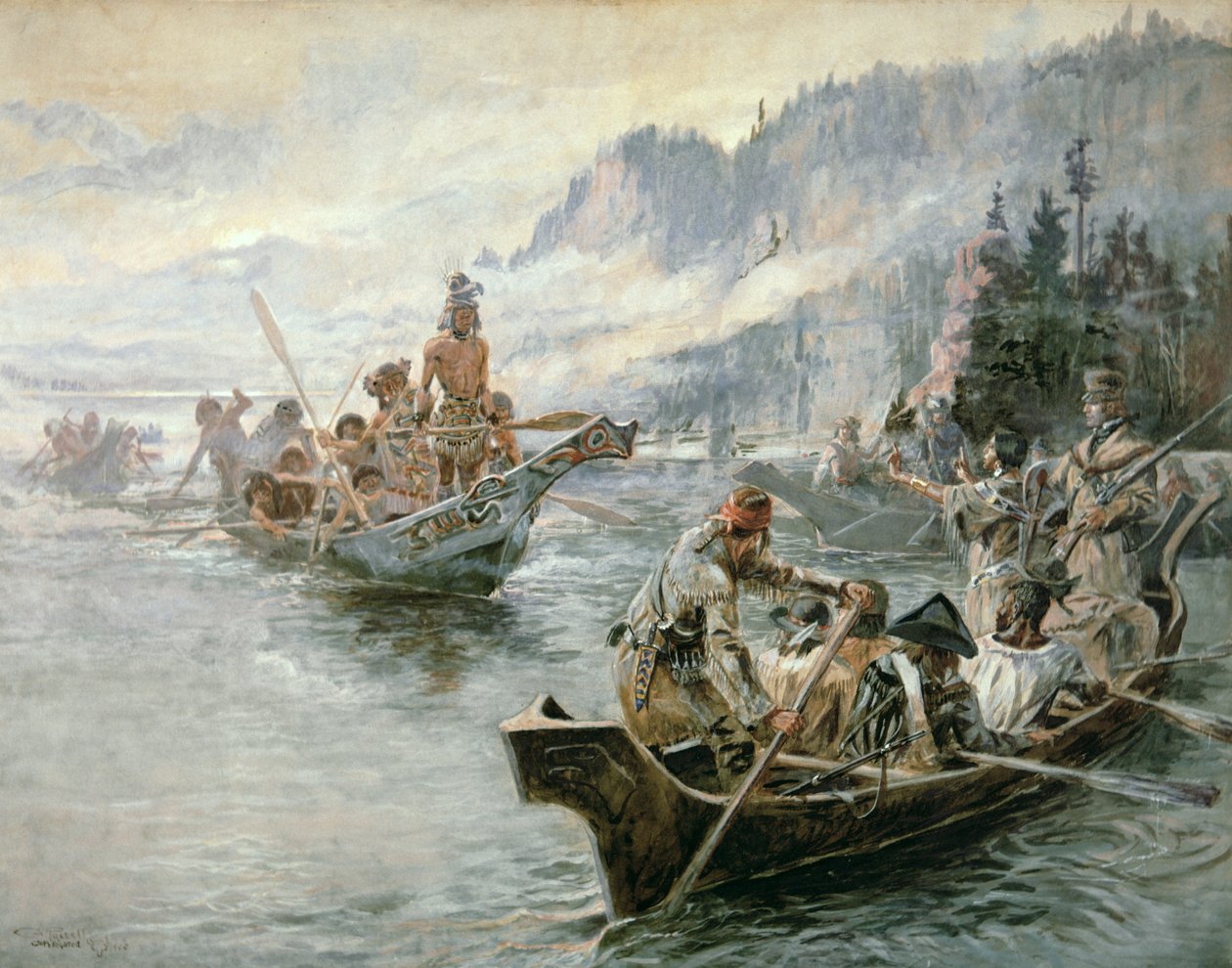 Lewis y Clark en el río Columbia Inferior de Charles Marion Russell