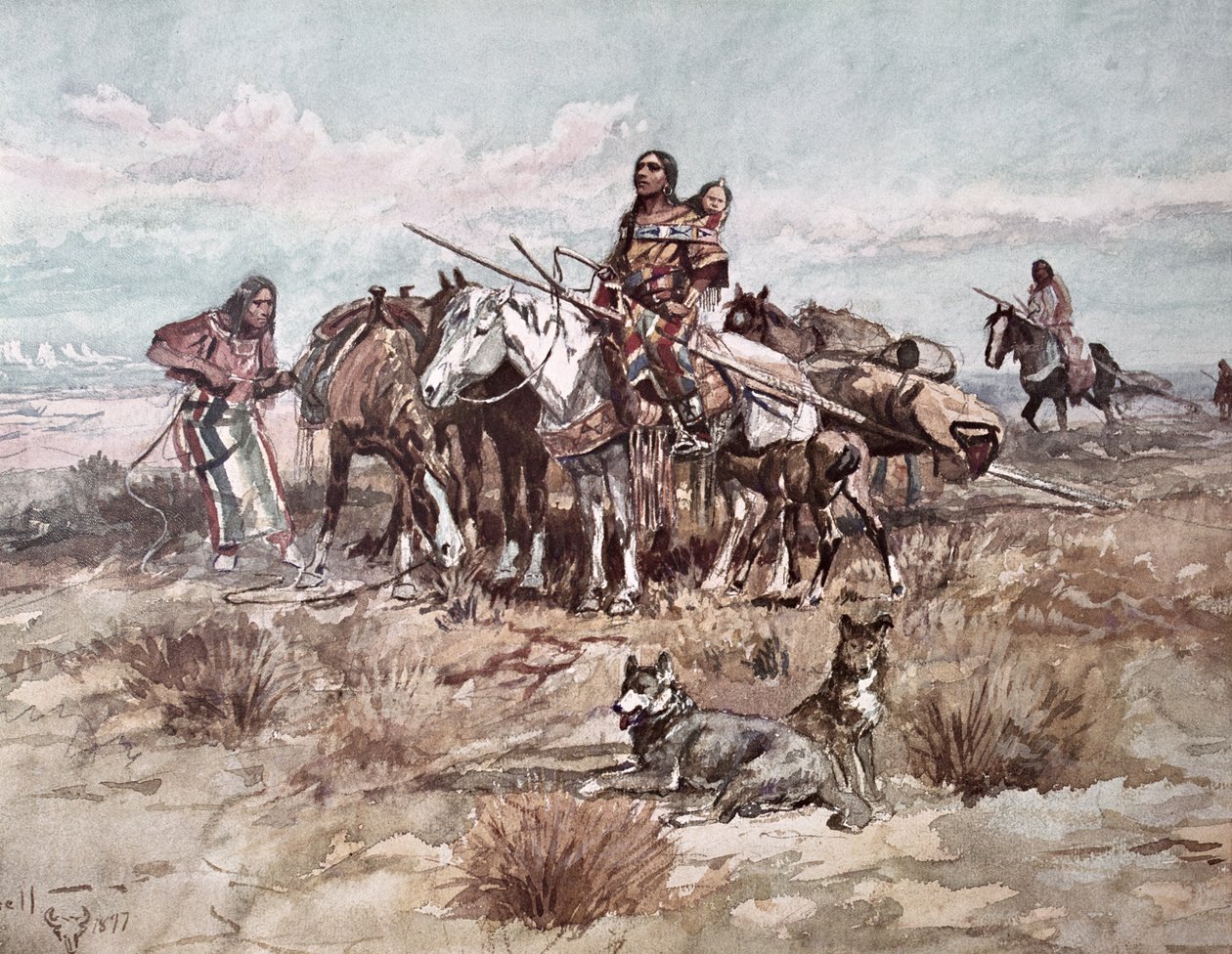 Nativos americanos de las llanuras moviendo el campamento de Charles Marion Russell