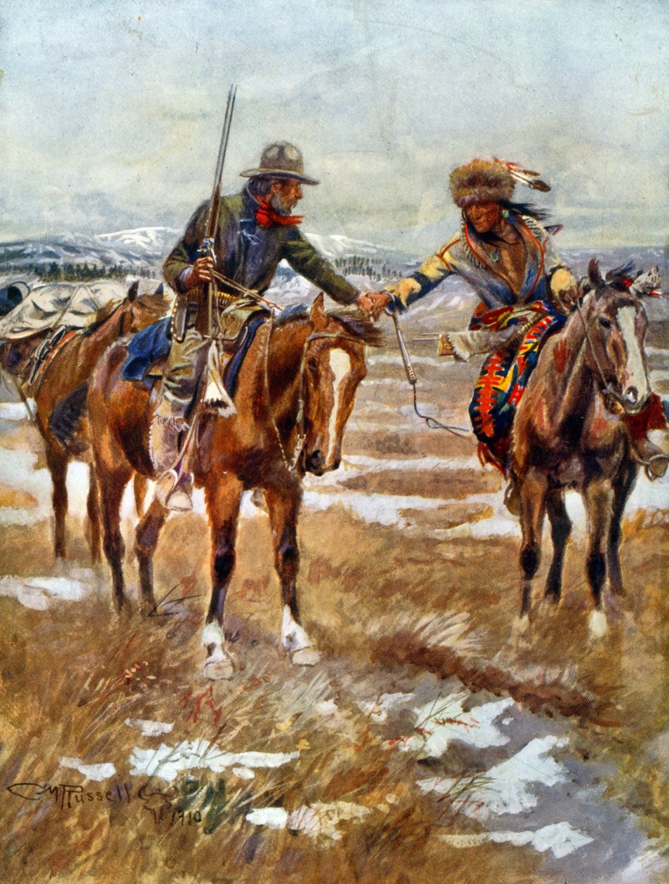 El encuentro de hombres americanos y nativos americanos dándose la mano a caballo de Charles Marion Russell