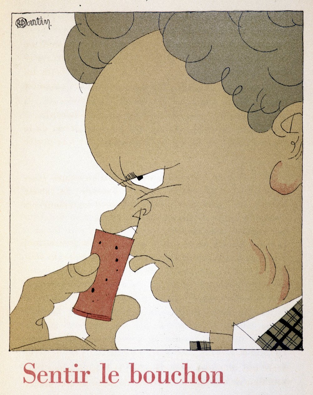 Sintiendo el corcho - en "Monseigneur le vin", dibujo de Charles Martin (1884-1934), fascículo de los Establecimientos Nicolas de Charles Martin
