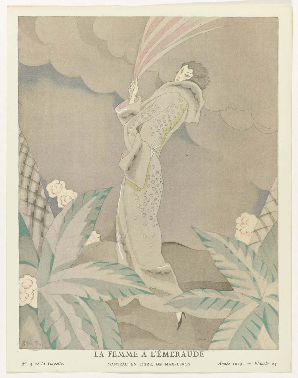Gazette du Bon Ton 1923, No. 5, Pl. 23: The Emerald Woman - Tiger coat, de Max-Leroy (título sobre el objeto) de Charles Martin