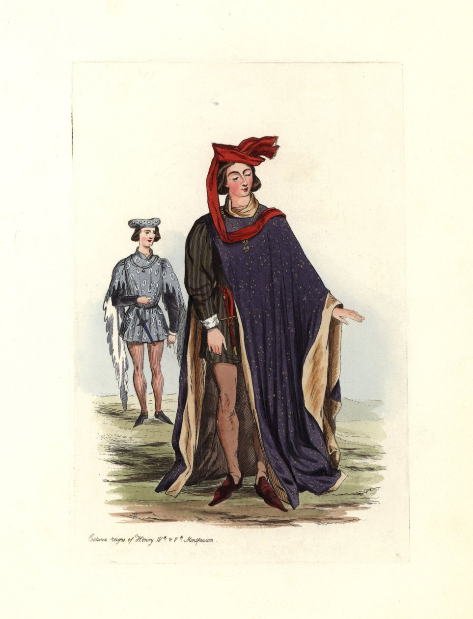 Traje masculino típico de la época de los reyes Enrique IV y Enrique V, ilustración de "Costumes Civils d