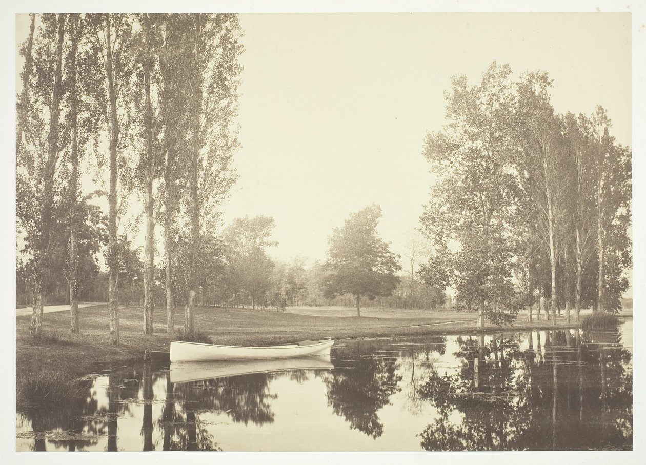 Sin título, c. 1850. [Barco en un lago en el Bois de Boulogne, un parque en París] de Charles Marville