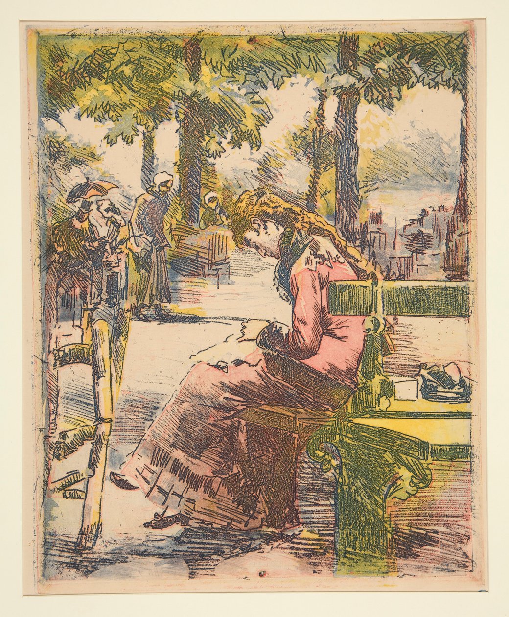 niña joven, en, un, banco, costura de Charles Maurin