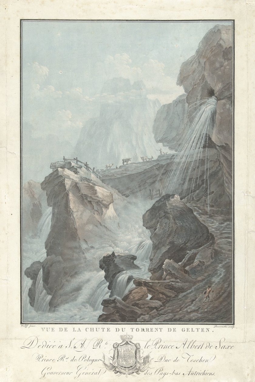 Visión sobre el agua de Gelten
Vista del Torrent de Gelten (título en el objeto)
Vistas notables de las montañas de Suiza (título de la serie) de Charles Melchior Descourtis