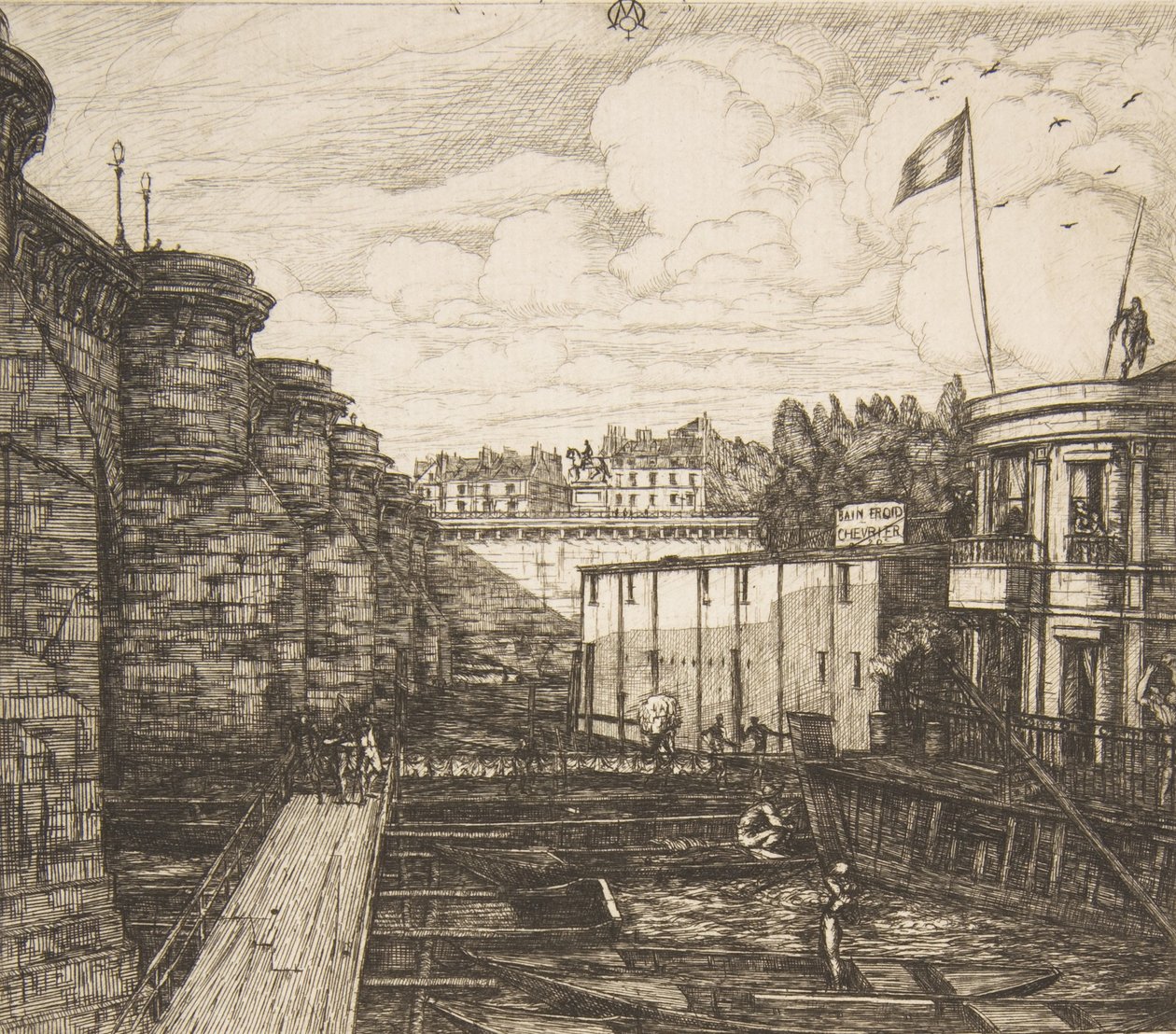 Bain-froid Chevrier, establecimiento de baños fríos de Chevrier, o Los Baños de la Escuela, París, 1864 de Charles Meryon