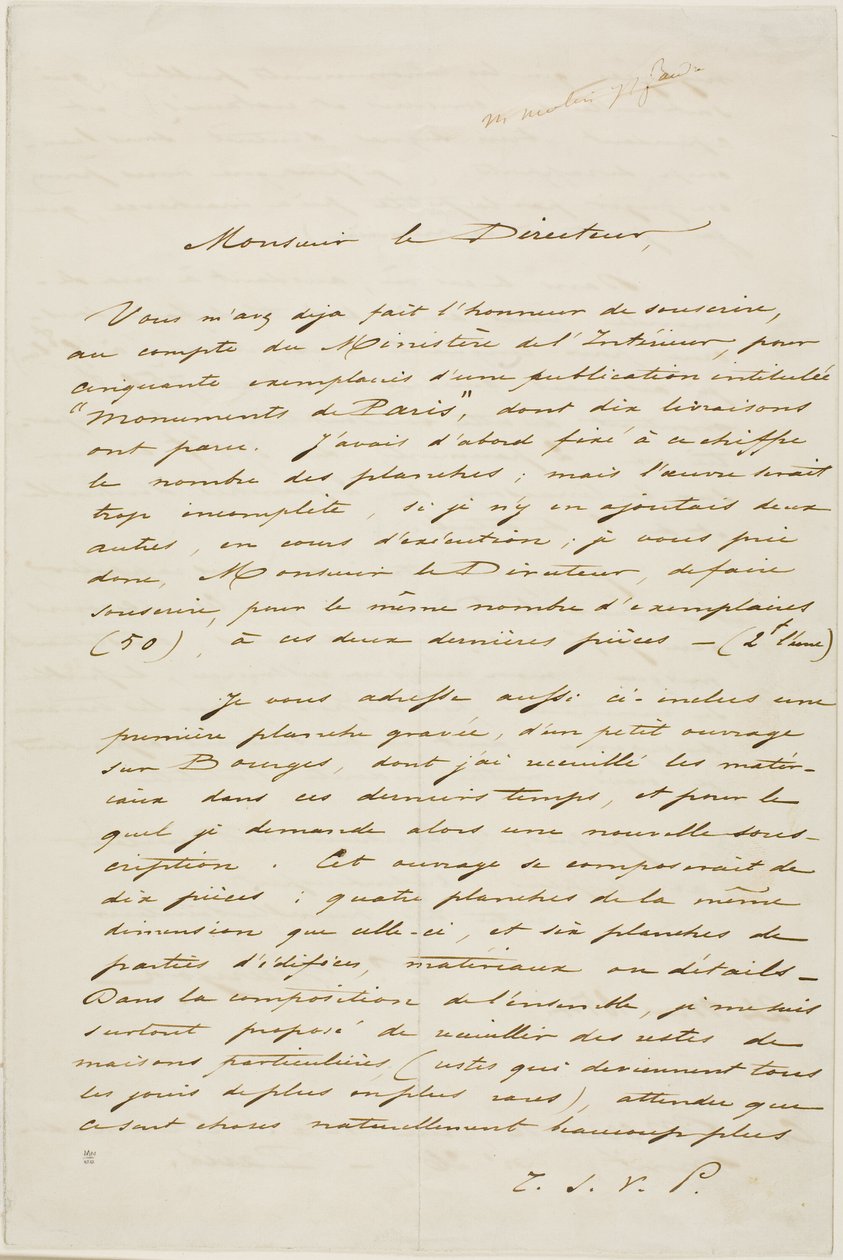 Carta autografiada de Charles Meryon de Charles Meryon