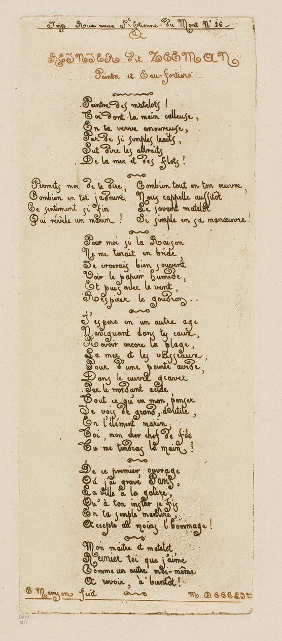 Versos dedicatorios de Meryon a Reinier Nooms, llamado Zeeman de Charles Meryon