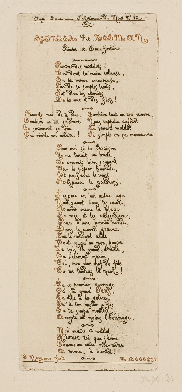 Versos dedicatorios de Meryon a Reinier Nooms, llamado Zeeman de Charles Meryon