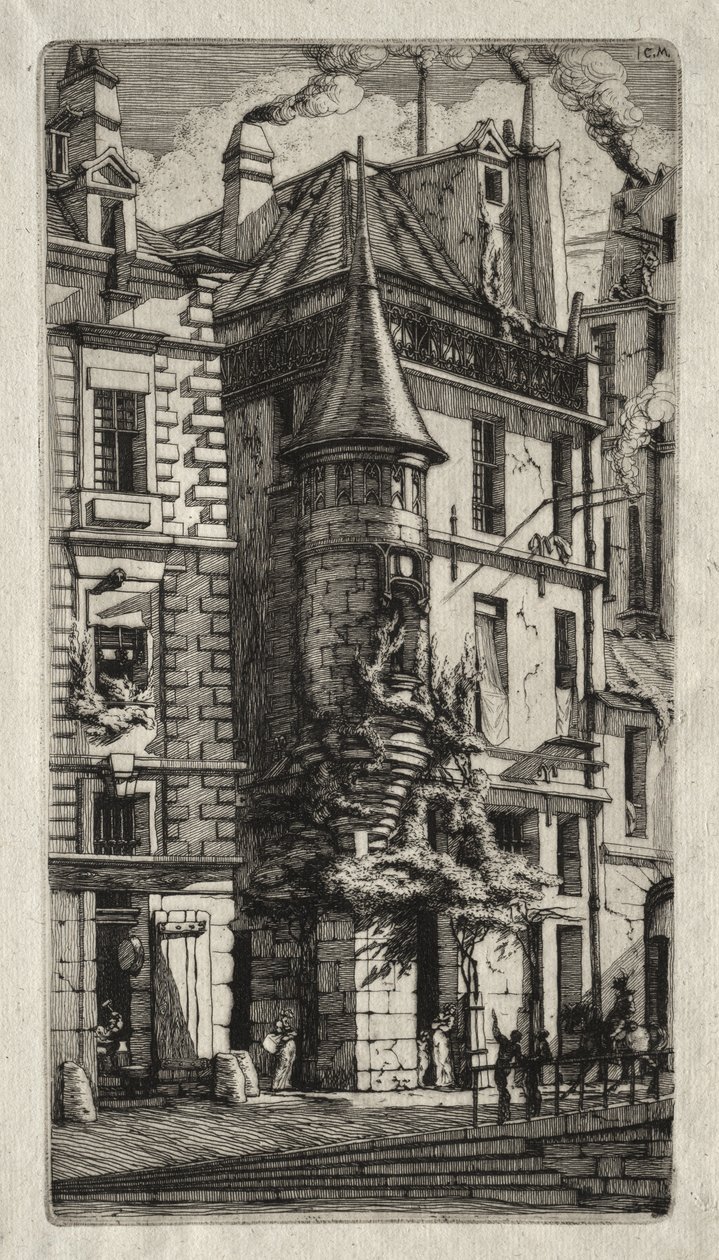 Grabados de París: Casa con una torreta, calle de los Tejedores de Charles Meryon
