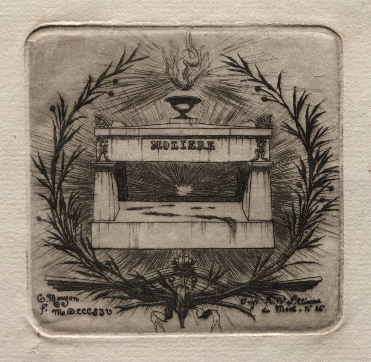 Grabados de París: Tumba de Molière en el cementerio de Père Lachaise, 1854 de Charles Meryon