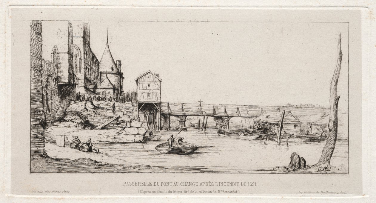 Pasarela Temporalmente Reemplazando el Puente de la Bolsa, París, después del incendio de 1621 de Charles Meryon