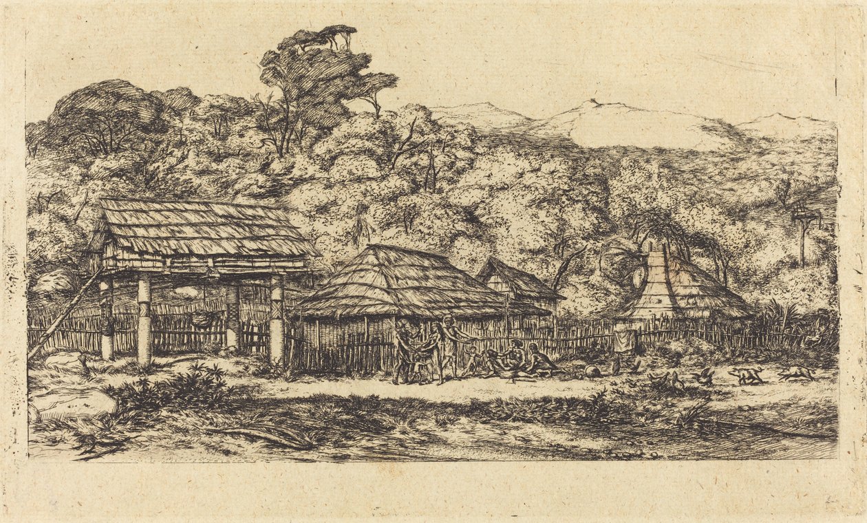 Graneros y chozas nativas en Akaroa, península de Banks, 1845 de Charles Meryon