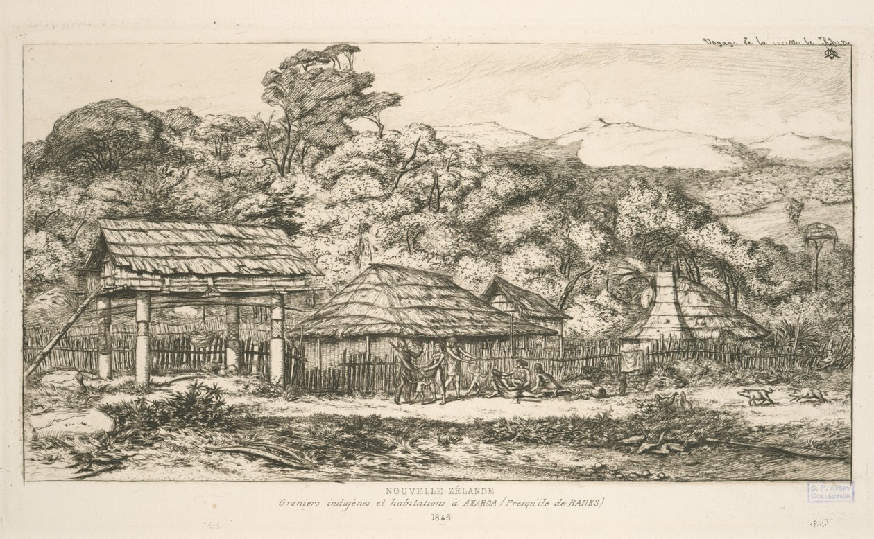 Graneros indígenas y viviendas en Akaroa, península de Banks, ilustración de 