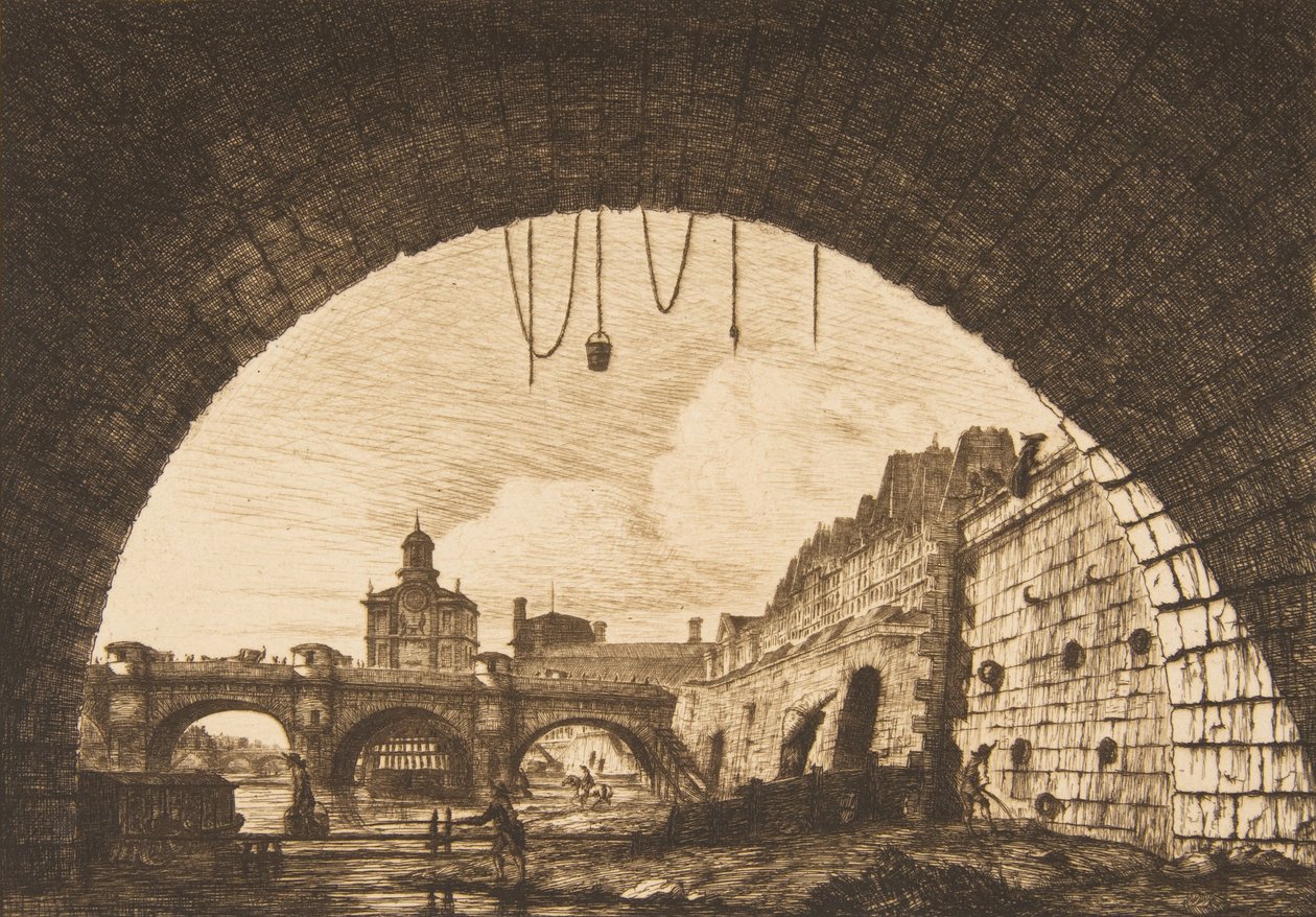 Le Pont-neuf y la Samaritaine desde debajo del primer arco del Pont-au-Change, 1855 de Charles Meryon