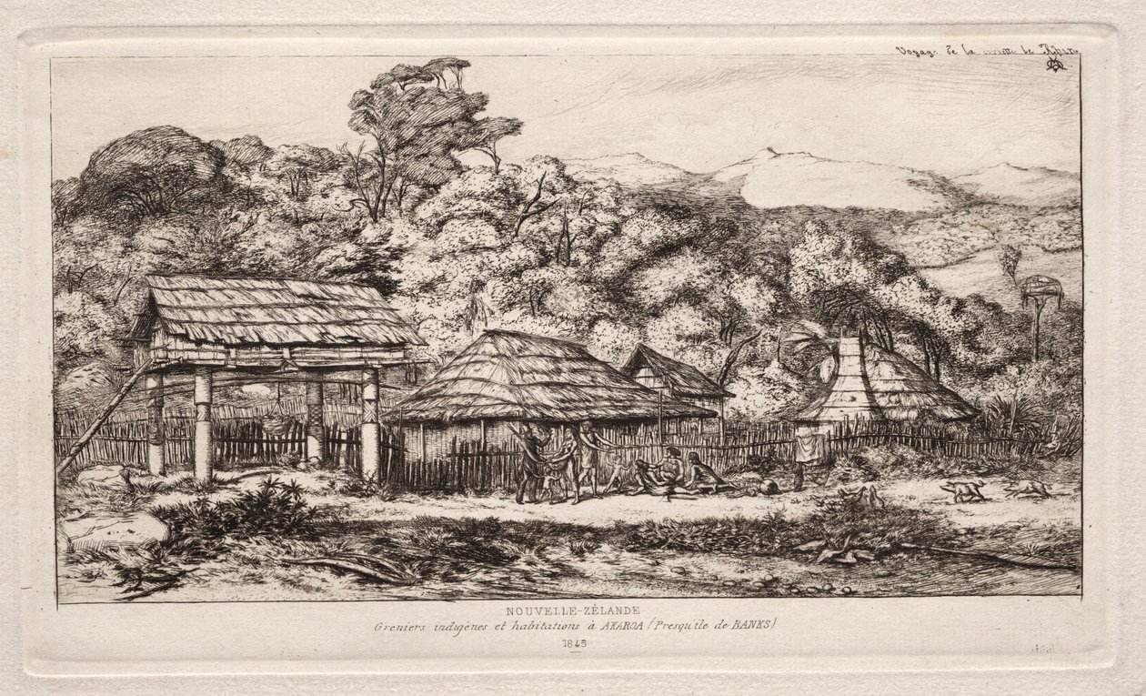 Graneros y Cabañas Nativas en Akaroa, Península de Banks, 1845 de Charles Meryon
