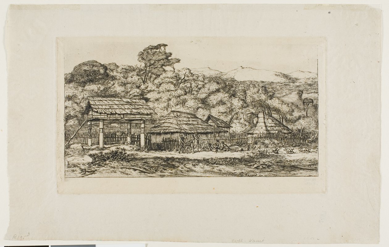 Graneros y cabañas indígenas en Akaroa, península de Banks, 1845 de Charles Meryon