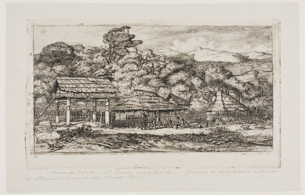 Graneros y cabañas indígenas en Akaroa, península de Banks, 1845 de Charles Meryon
