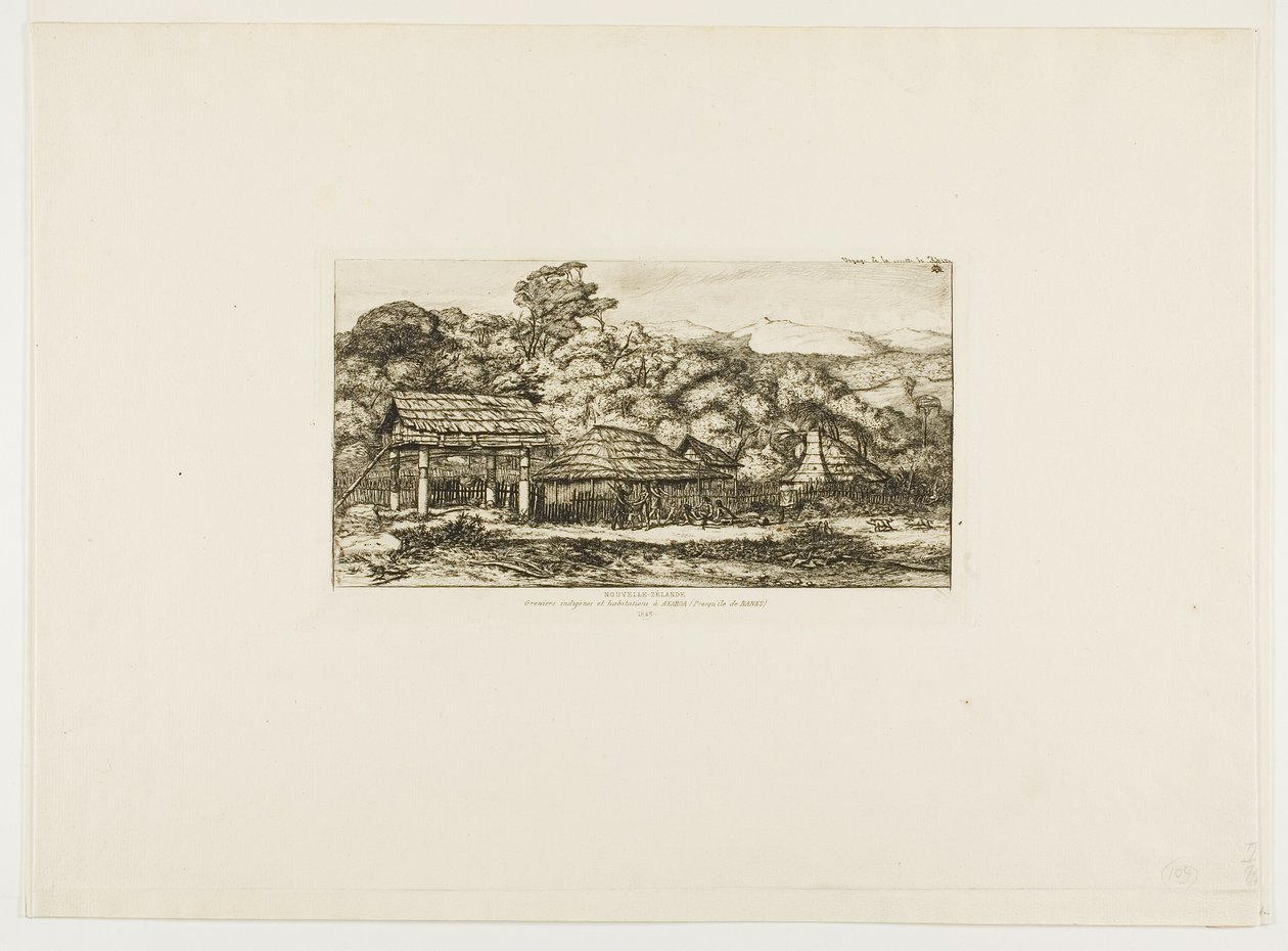 Graneros y cabañas indígenas en Akaroa, península de Banks, 1845 de Charles Meryon