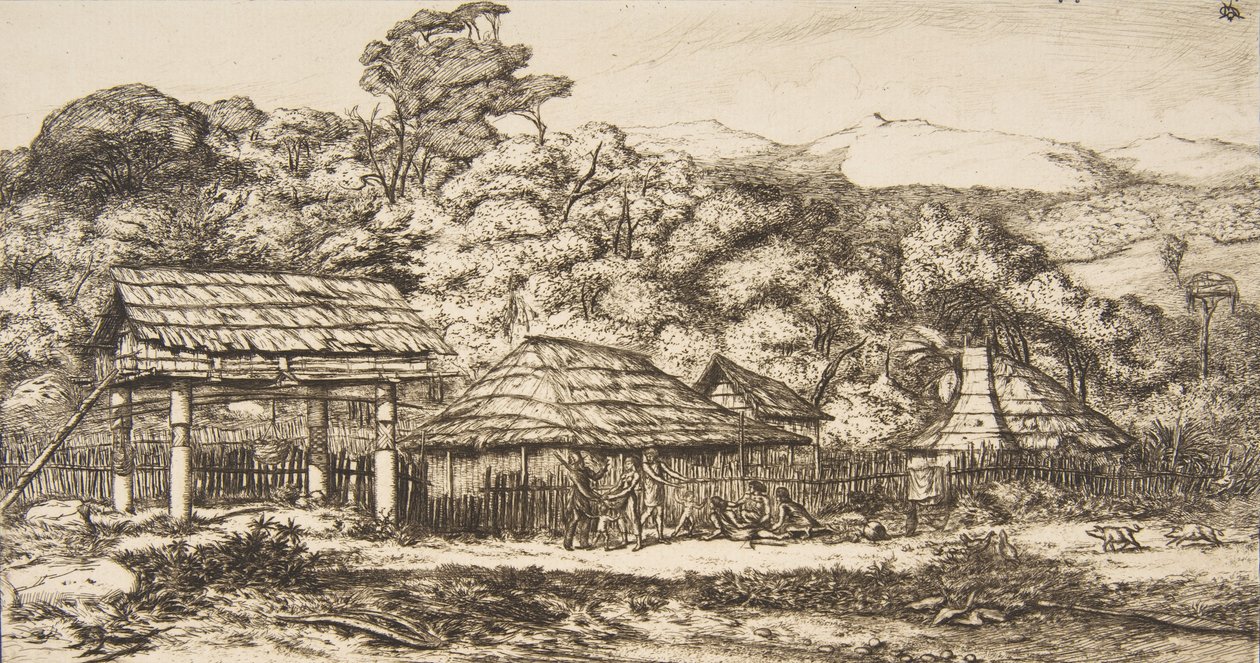 Graneros y chozas nativas en Akaroa, Península de Banks, 1845 de Charles Meryon