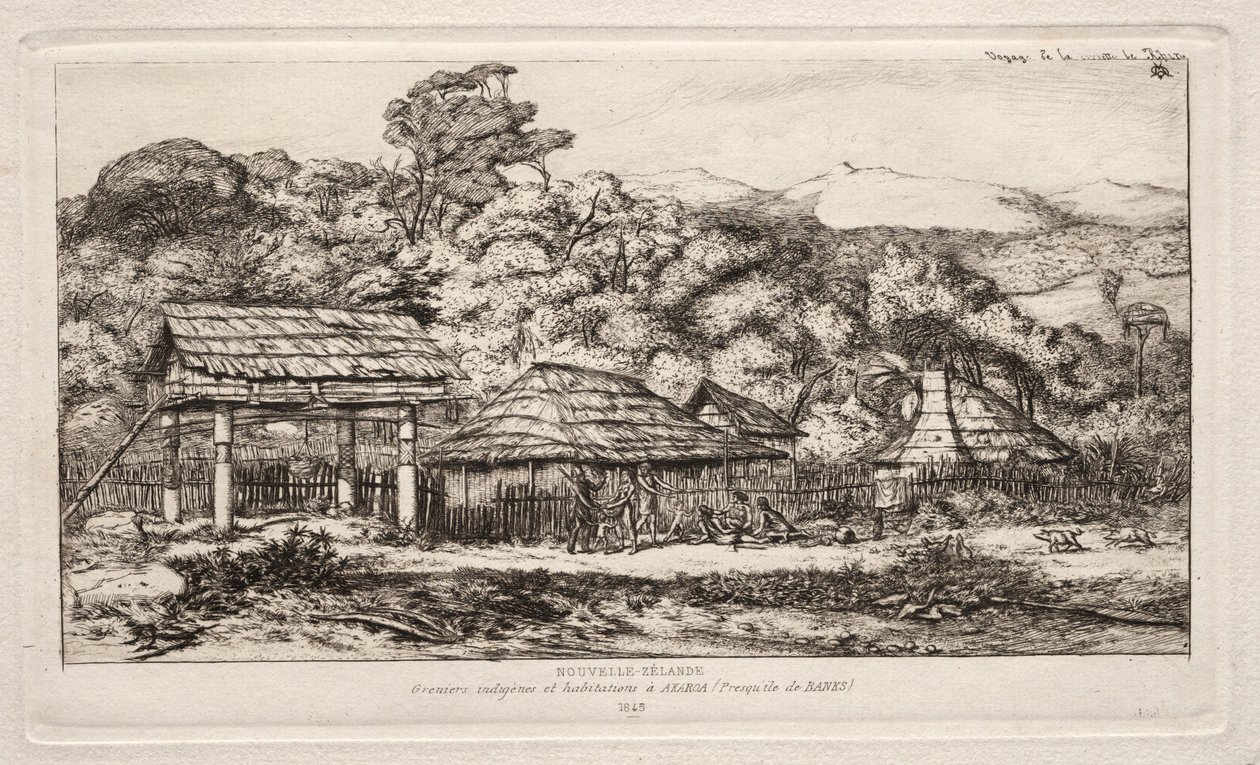 Graneros y chozas nativas en Akaroa, Península de Banks, 1845, 1865 de Charles Meryon