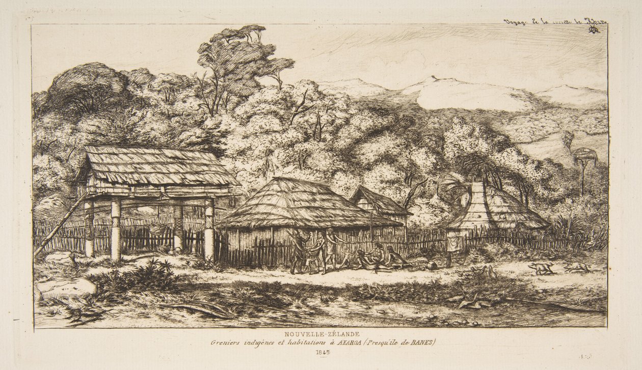 Graneros y chozas indígenas en Akaroa, península de Banks, 1845, de «El viaje a Nueva Zelanda (1842-46)» de Charles Meryon