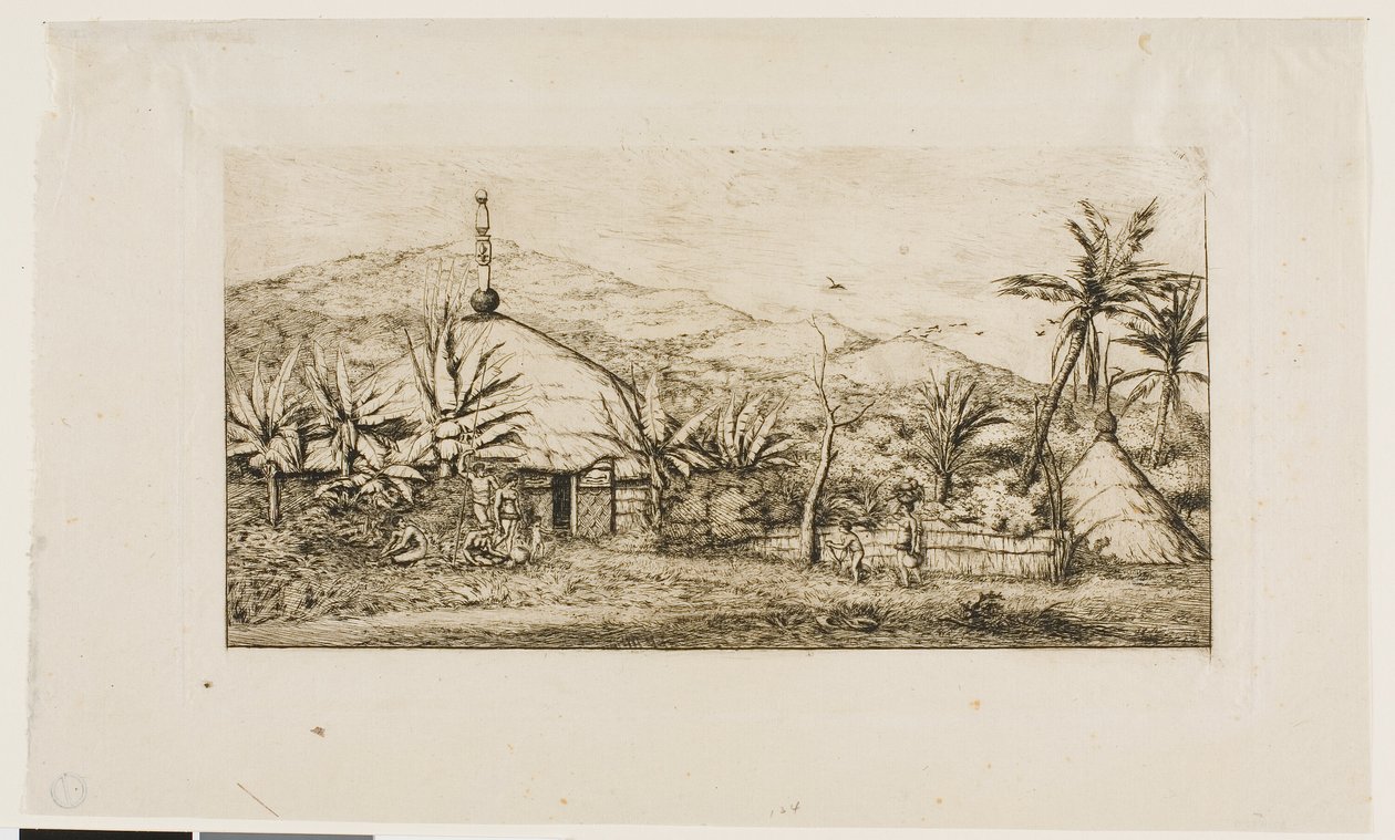 Nueva Caledonia: Gran cabaña nativa en el camino de Balade a Puépo, 1845 de Charles Meryon