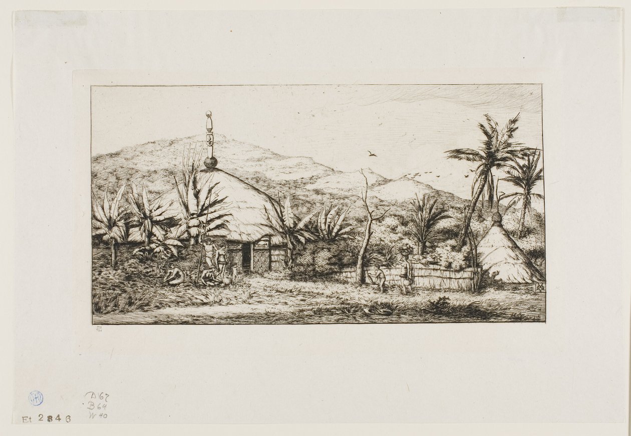 Nueva Caledonia: Gran cabaña nativa en el camino de Balade a Puépo, 1845 de Charles Meryon