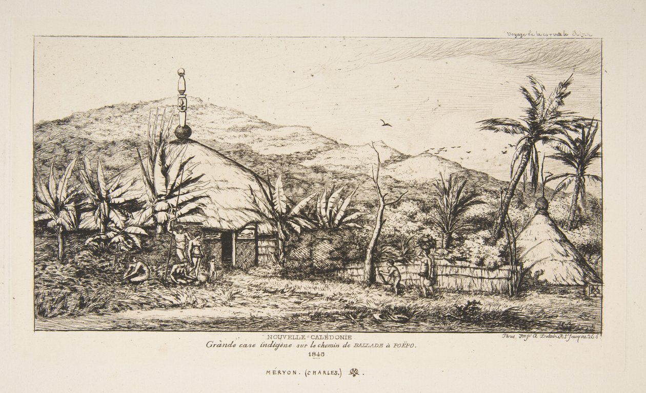 Nueva Caledonia: Gran cabaña indígena en el camino de Balade a Puebo, 1845, de «El viaje a Nueva Zelanda (1842-46)» de Charles Meryon