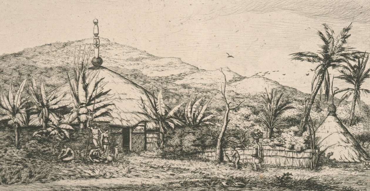 Nueva Caledonia, Nouvelle Calédonie: gran casa indígena en el camino de paseo a Poepo, ilustración de "Grabado del Pacífico...", 1863 de Charles Meryon
