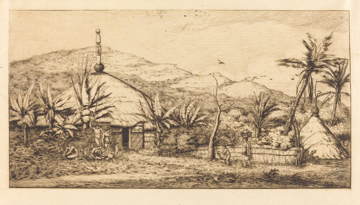 Nueva Caledonia: Gran cabaña indígena en el camino de Balade a Puebo, 1845 de Charles Meryon