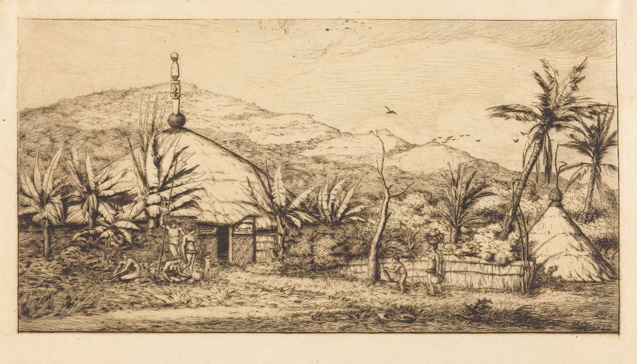 Nueva Caledonia: Gran cabaña indígena en el camino de Ballade a Poepo, 1845 (New Caledonia: Large Native Hut on the Road from Balade to Puebo, 1845) de Charles Meryon