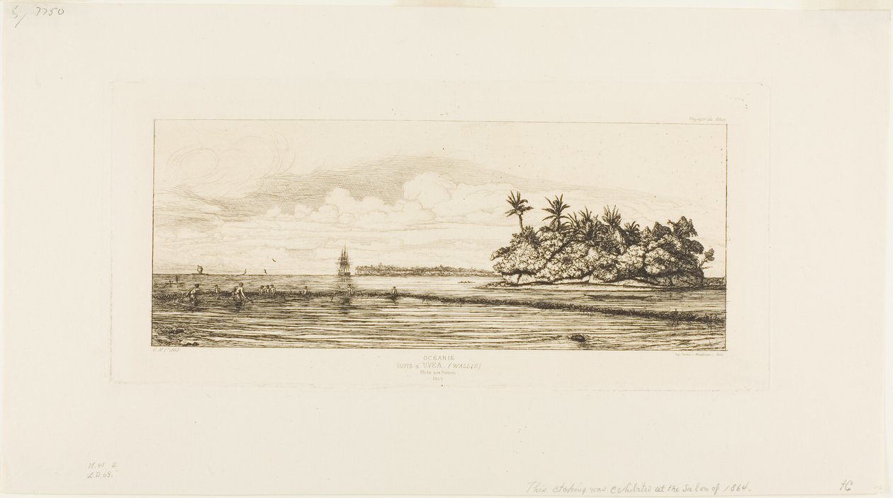 Oceanía: Pesca, cerca de islas con palmeras en el grupo Uea o Wallis, 1845 de Charles Meryon