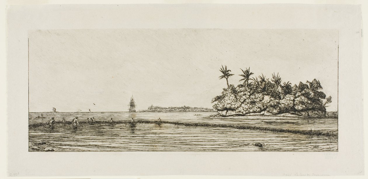 Oceanía: Pesca, cerca de islas con palmeras en el grupo Uea o Wallis, 1845 de Charles Meryon